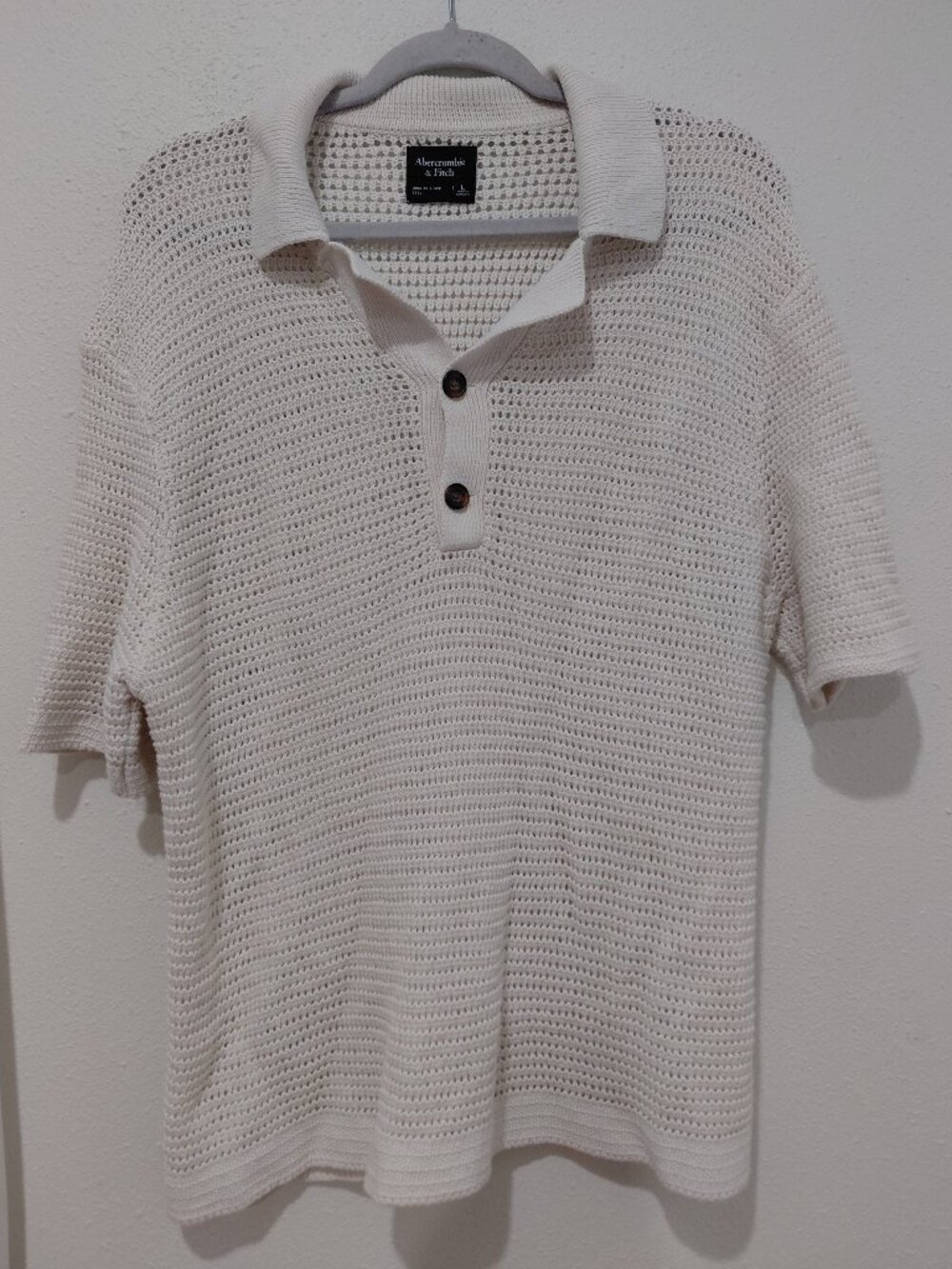 Abercrombie and Fitch Mens Cream Crochet Knit Polo Large
